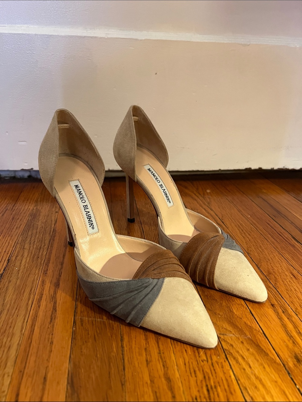 Manolo Blahnik Beige, Brown & Gray Suede Pointed D'Orsay Pumps